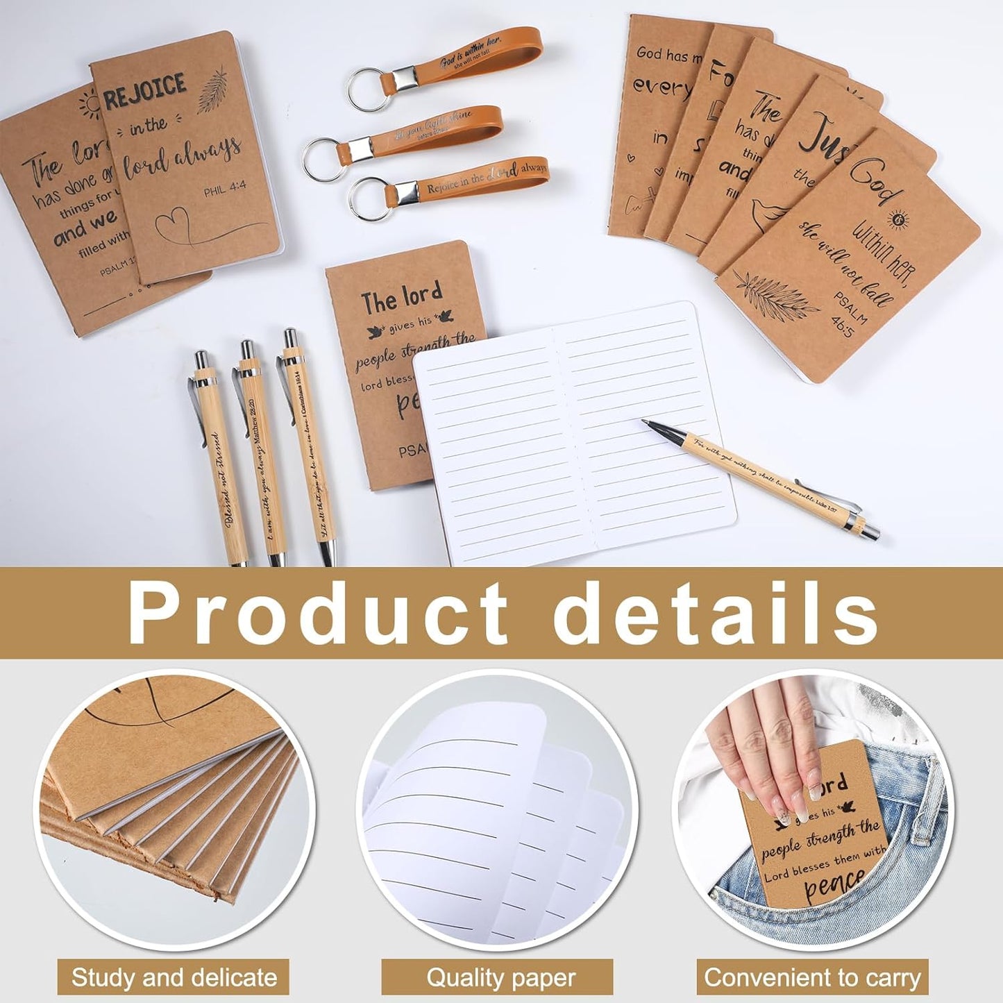 PerKoop 48 Pcs Inspirational Gifts Bulk Motivational Notepads Ballpoint Pens Keychains Set Modern Farmhouse Journal Notebooks Christian Gifts for Teachers School Office Party Favor Supplies