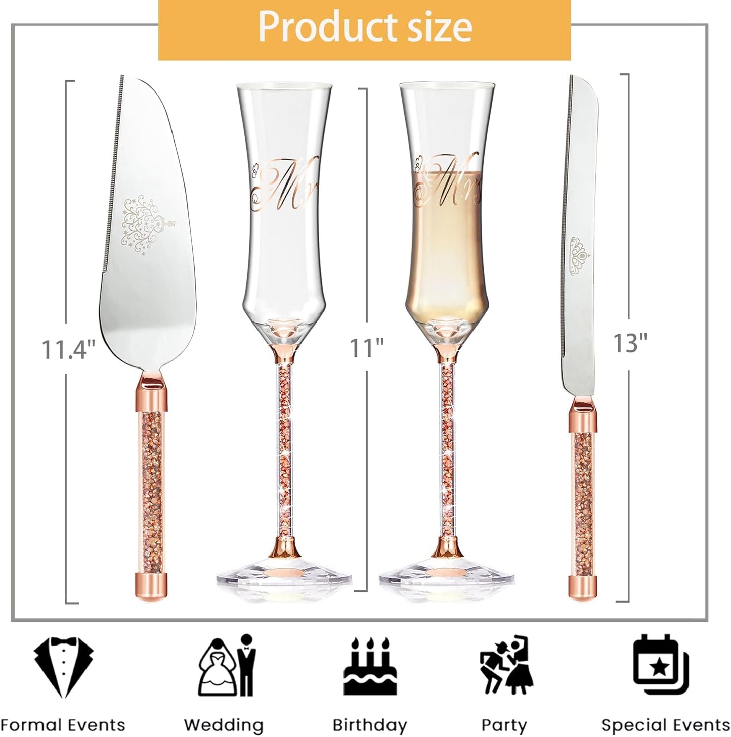 Wedding Cake Knife and Server Set, Wedding Cake Cutting Set with Mr and Champagne Flutes Glasses for Bride and Groom Gifts for Couples
