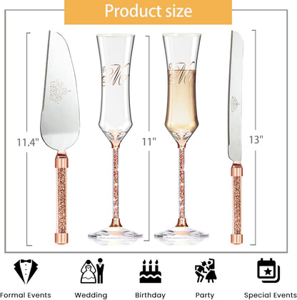 Wedding Cake Knife and Server Set, Wedding Cake Cutting Set with Mr and Champagne Flutes Glasses for Bride and Groom Gifts for Couples