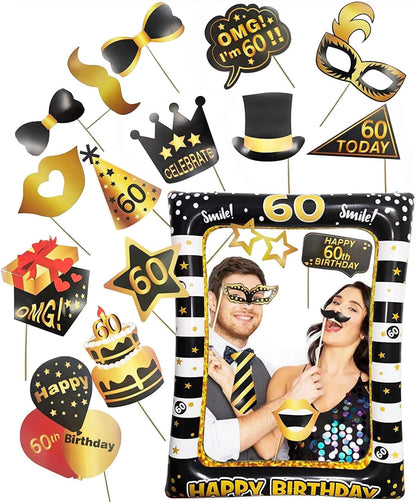 40th Birthday Photo Booth Props, LMSHOWOWO Inflatable Photo Booth Frame, Giant Black Gold Inflatable Selfie Frame, Birthday Party Photo Props, for Women Men Birthday Party Decorations, Random Style