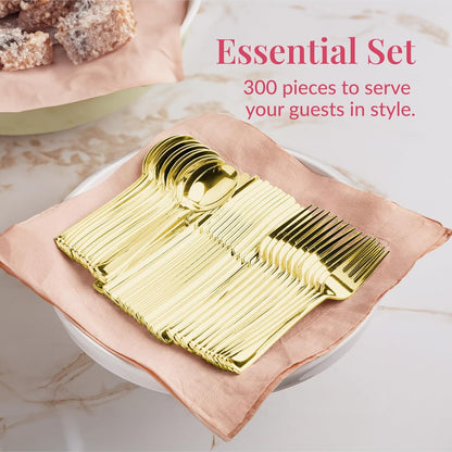 Prestee 300 Piece Heavy Duty Plastic Silverware Set - 100 of Each Silver Plasticware Forks, Spoons, Knives - Flatware Cutlery for Weddings - Durable Disposable Plastic Utensils for Catering, Buffets
