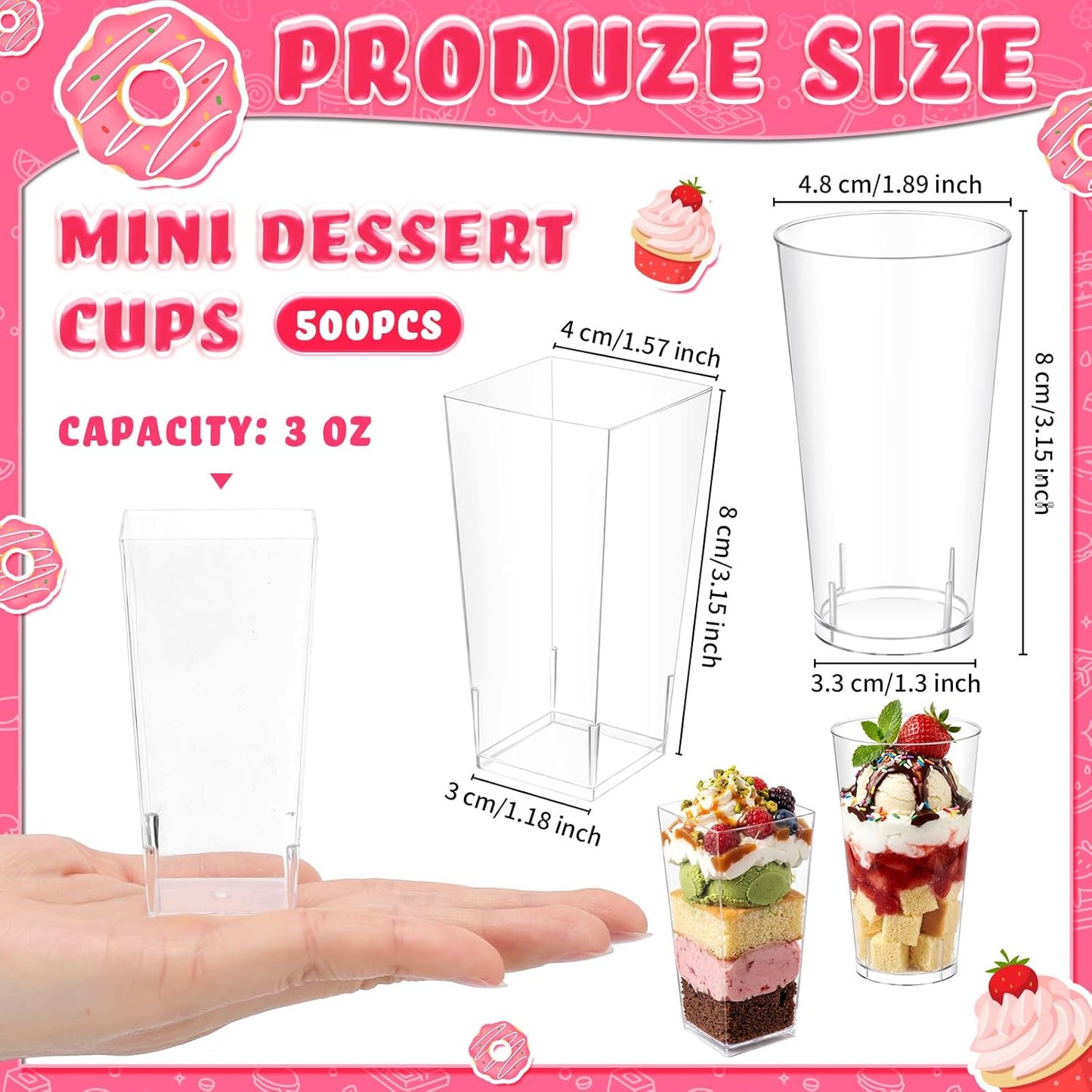Uiifan 500 Pack 3 oz Mini Dessert Cups Tall Clear Plastic Parfait Cups for Desserts, Appetizers, Mousse Chocolate Dessert(Square Shape)