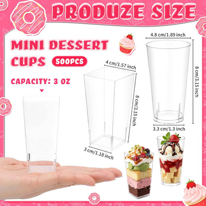 Uiifan 500 Pack 3 oz Mini Dessert Cups Tall Clear Plastic Parfait Cups for Desserts, Appetizers, Mousse Chocolate Dessert(Square Shape)