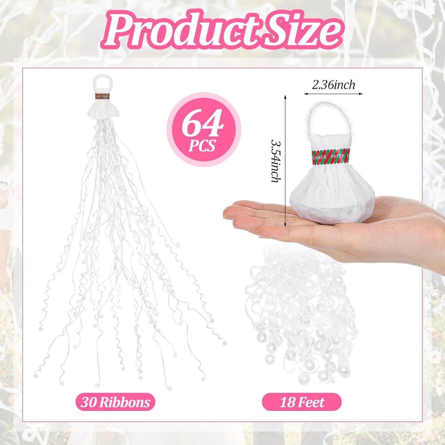 64 Pcs Streamers Poppers, Hand Throw Confetti Poppers, Romantic No Mess Streamers Crackers for Christmas Wedding Birthday Party Celebrations Graduation Party Favors (White)