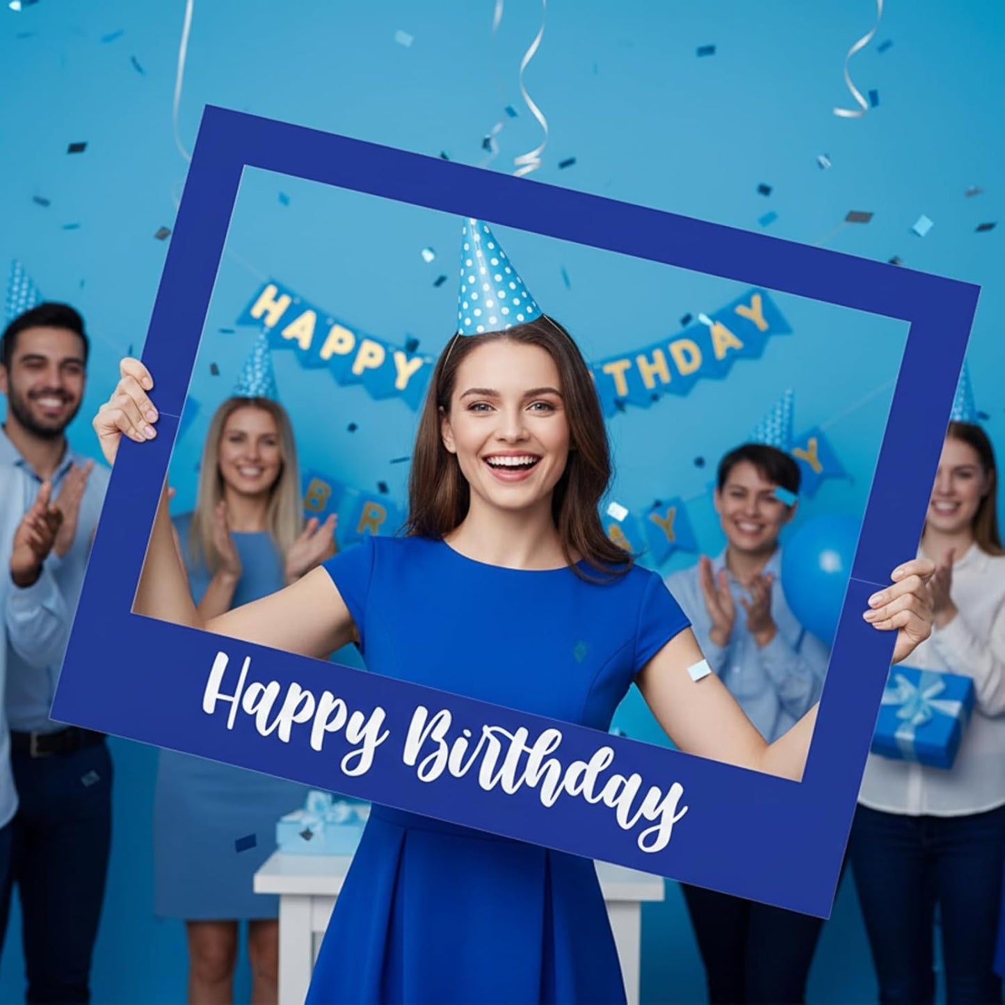 Beeveer 32 x 24 Inch Extra Large Happy Birthday Photo Booth Selfie Frame Props Picture DIY Cutouts Photo Backdrop Cardboard Props for Party Supplies Favors(Vertical,Shiny Gold)