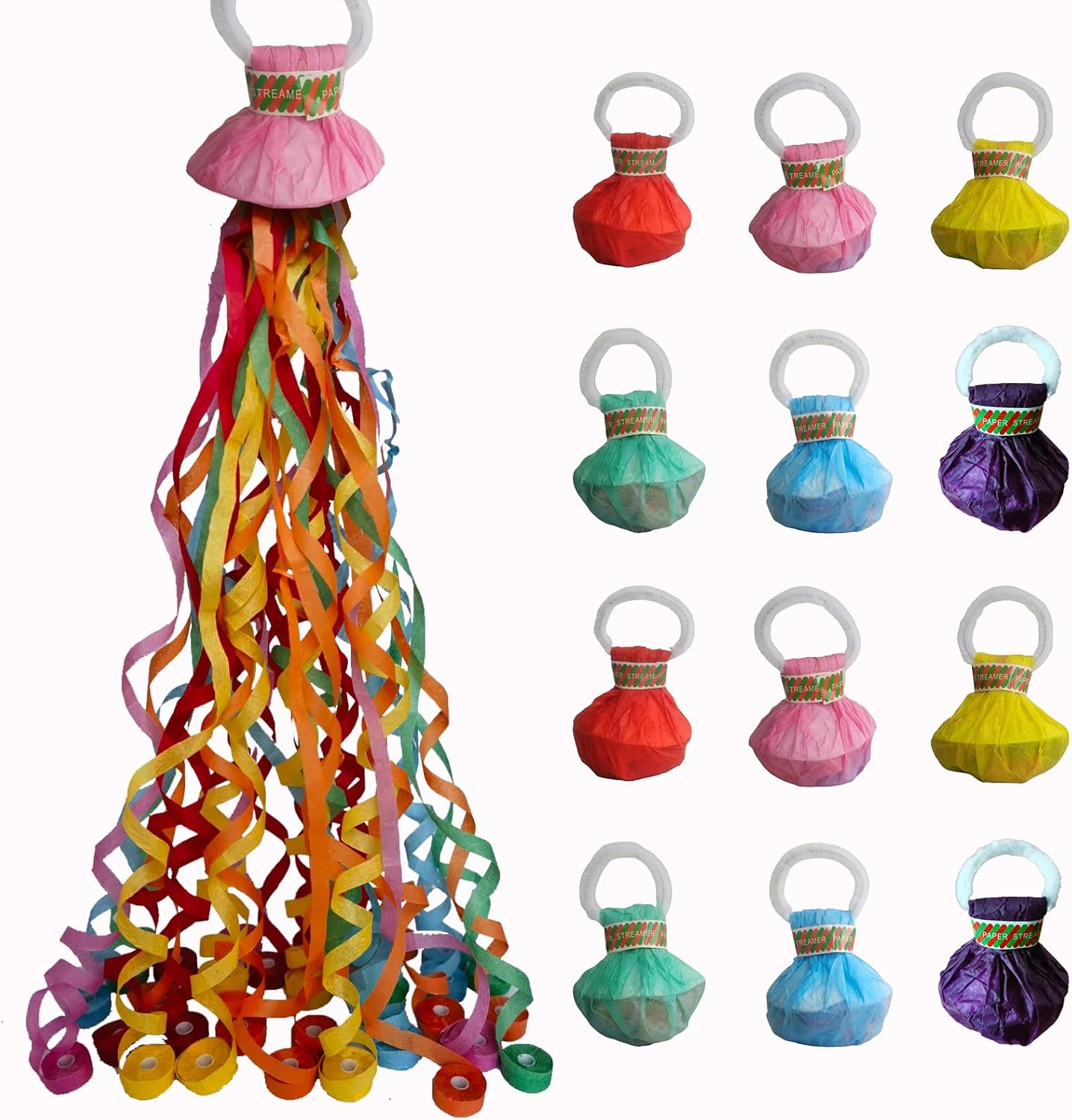 12Pack Hand throw Streamer Poppers 6 Color Mix No Mess Confetti Poppers，Party Poppers No Mess Streamers Easy to Clean Ideal for Celebrations Birthday and Festival