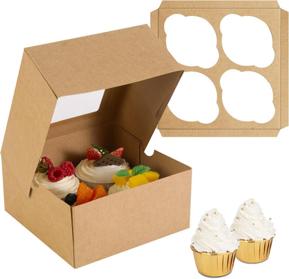 Jotique Cupcake Boxes with Window, 30 Sets 6x6x3 Inch Kraft Paper Bakery Boxes for Cookies and Muffins, Sturdy Disposable Treat Boxes for Pastry, Baked Goods, Gift Giving, Mother's Day