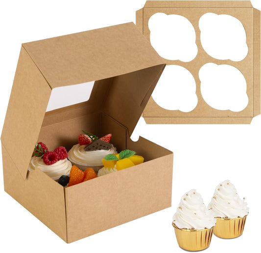 Jotique Cupcake Boxes with Window, 30 Sets 6x6x3 Inch Kraft Paper Bakery Boxes for Cookies and Muffins, Sturdy Disposable Treat Boxes for Pastry, Baked Goods, Gift Giving, Mother's Day