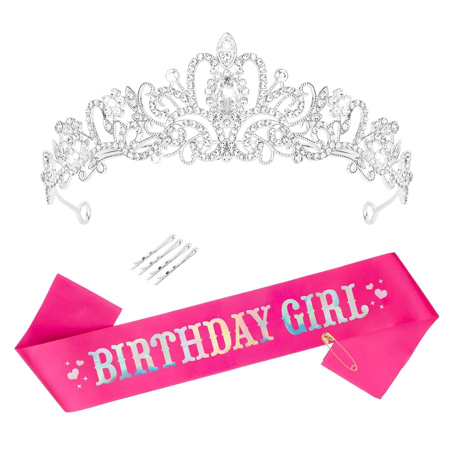 CIEHER Birthday Girl Crown and Sash - Rose Gold Tiara Birthday Decorations for Women and Girls
