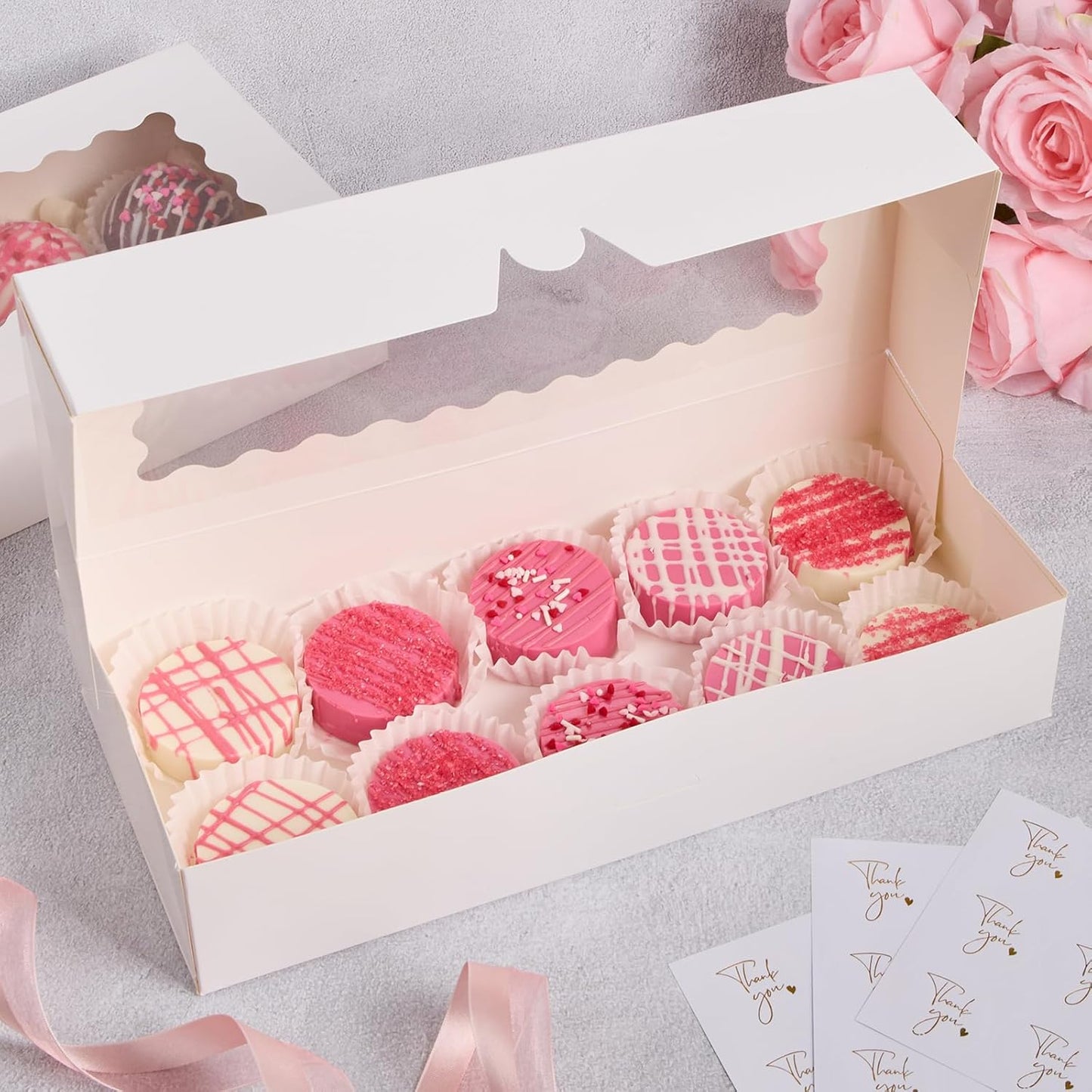 ZORRITA 30 Pack Auto Pop-up Cookie Boxes with Window, 12" x 8" x 2.5" White Bakery Boxes Treat Boxes for Chocolate Covered Strawberries, Breakable Heart, Sugar Cookies, Cake Pops, Donuts, Pastries