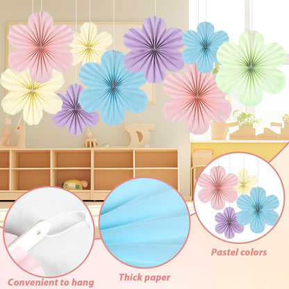Justforjoyful 9PCS Pastel Paper Flowers Decorations Pastel Paper Fans Floral Backdrop Decor 3D Tissue Flowers Decorations for Classroom Wall Room Bulletin Board Birthday Supplies