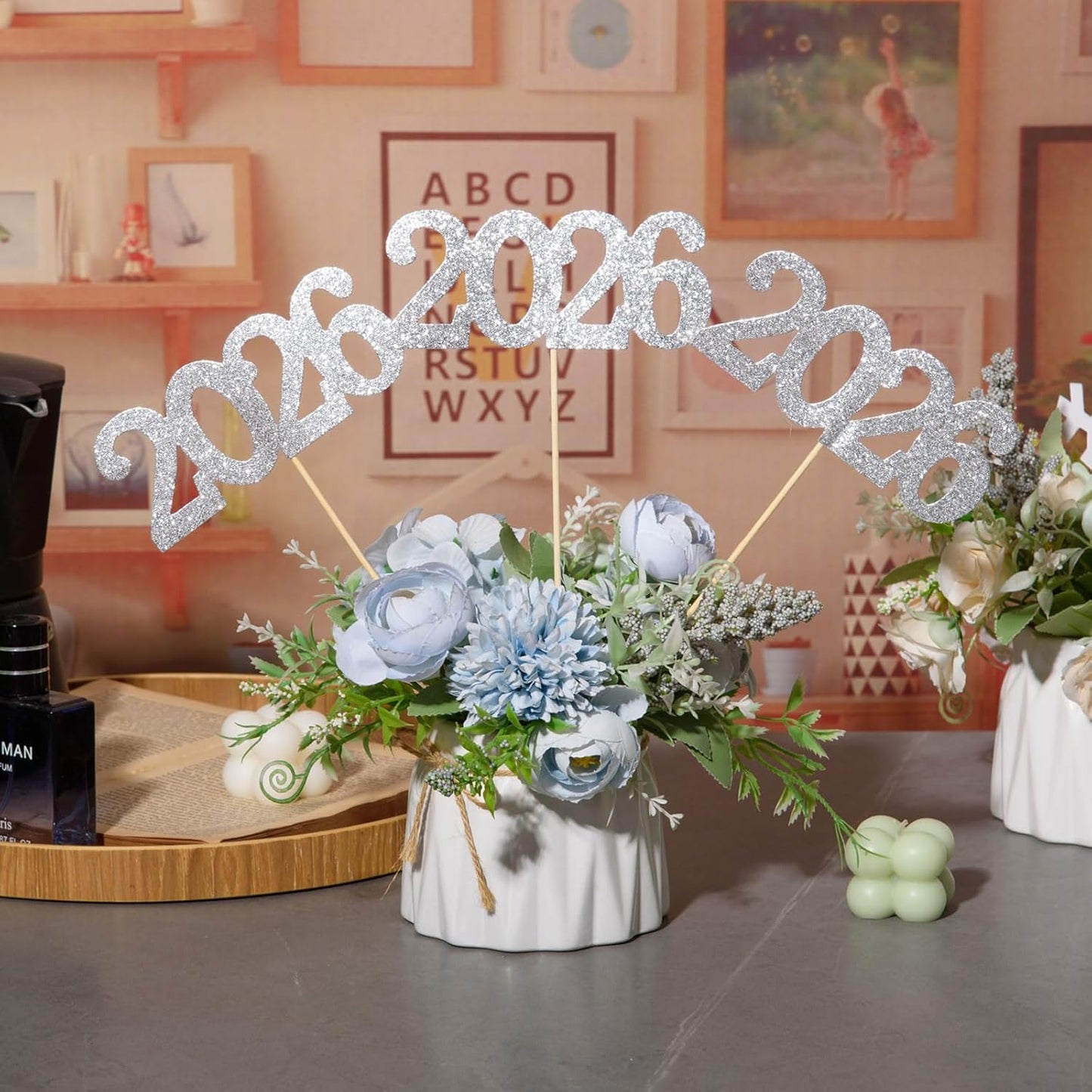 12 Pieces Glitter 2026 Centerpiece Sticks Black Double Sided 2026 Graduation Party Sticks 2026 Floral Picks Table Centerpiece Topper for 2026 Graduation New Year Party Decoration Supplies,4.9x9.1"