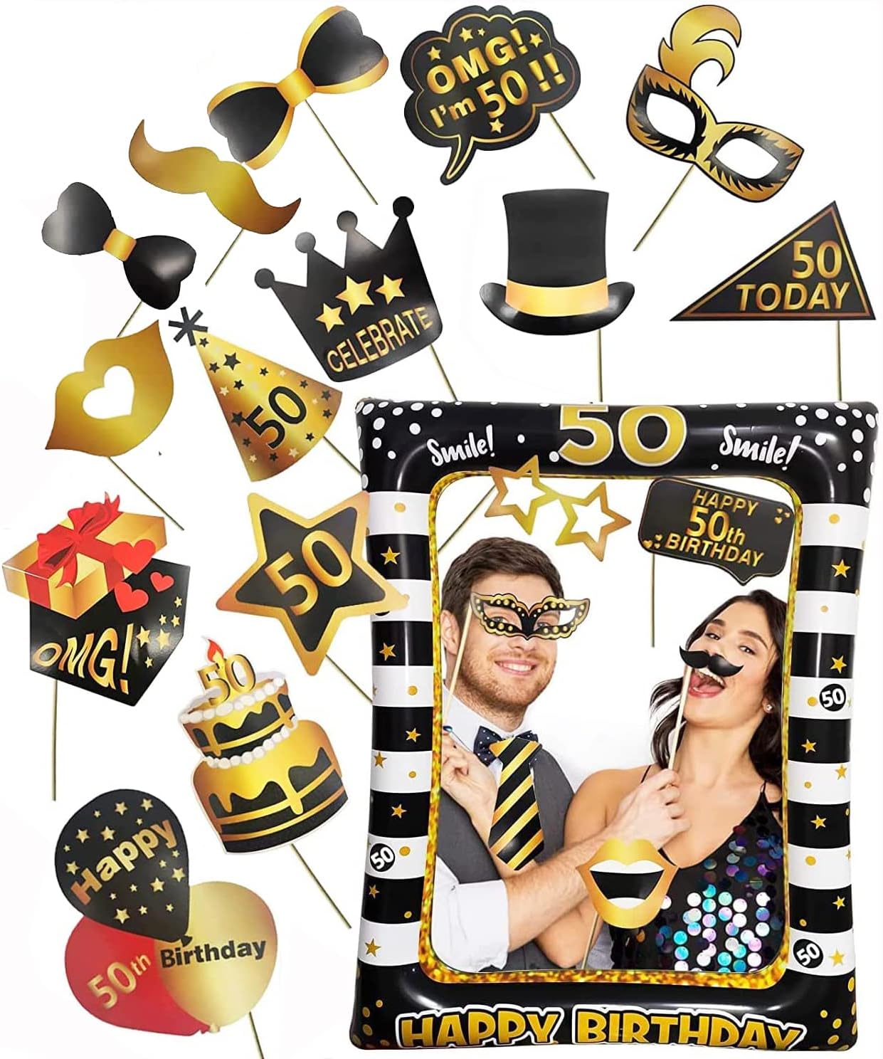 40th Birthday Photo Booth Props, LMSHOWOWO Inflatable Photo Booth Frame, Giant Black Gold Inflatable Selfie Frame, Birthday Party Photo Props, for Women Men Birthday Party Decorations, Random Style