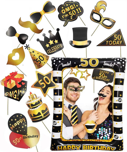 40th Birthday Photo Booth Props, LMSHOWOWO Inflatable Photo Booth Frame, Giant Black Gold Inflatable Selfie Frame, Birthday Party Photo Props, for Women Men Birthday Party Decorations, Random Style