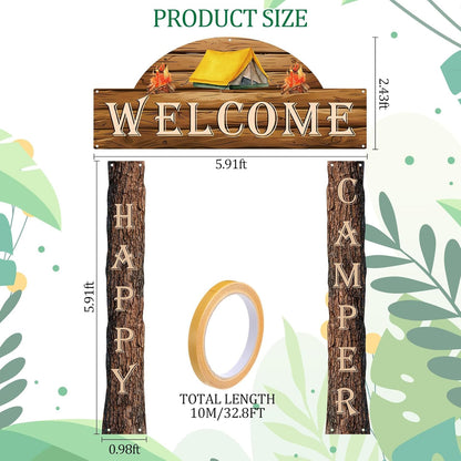 Peryiter 3 Pcs Camping Themed Party Decorations Banner Welcome Porch Sign with 1 Double Sided Tape for Summer Camp Birthday Hawaii Baby Shower Themed Party Activity Decor door (Forest Style)