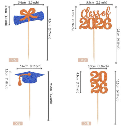 36 PCS 2026 Graduation Theme Cupcake Toppers Glitter Class of 2026 Grad Cap Diploma Cupcake Picks 2026 Graduation Theme Party Cake Decorations Supplies Deep Blue