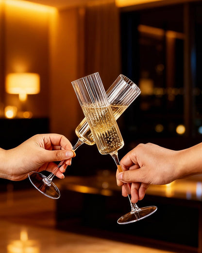 Ciaell 24 Pack Plastic Champagne Flutes - 6oz Ribbed Disposable Champagne Glasses - Clear Vintage Mimosa Glasses with Long Stem, Elegant for Weddings, Birthdays, Party