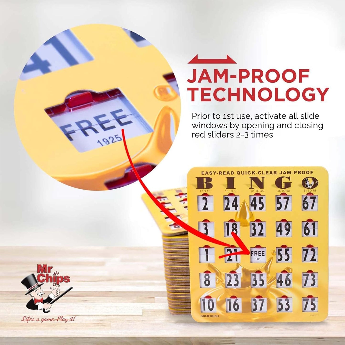 MR CHIPS Jam-Proof Bingo Cards with Sliding Windows, 25 Reusable Shutter Cards, 75 Calling Cards 1 Master Board in Tan Woodgrain Style
