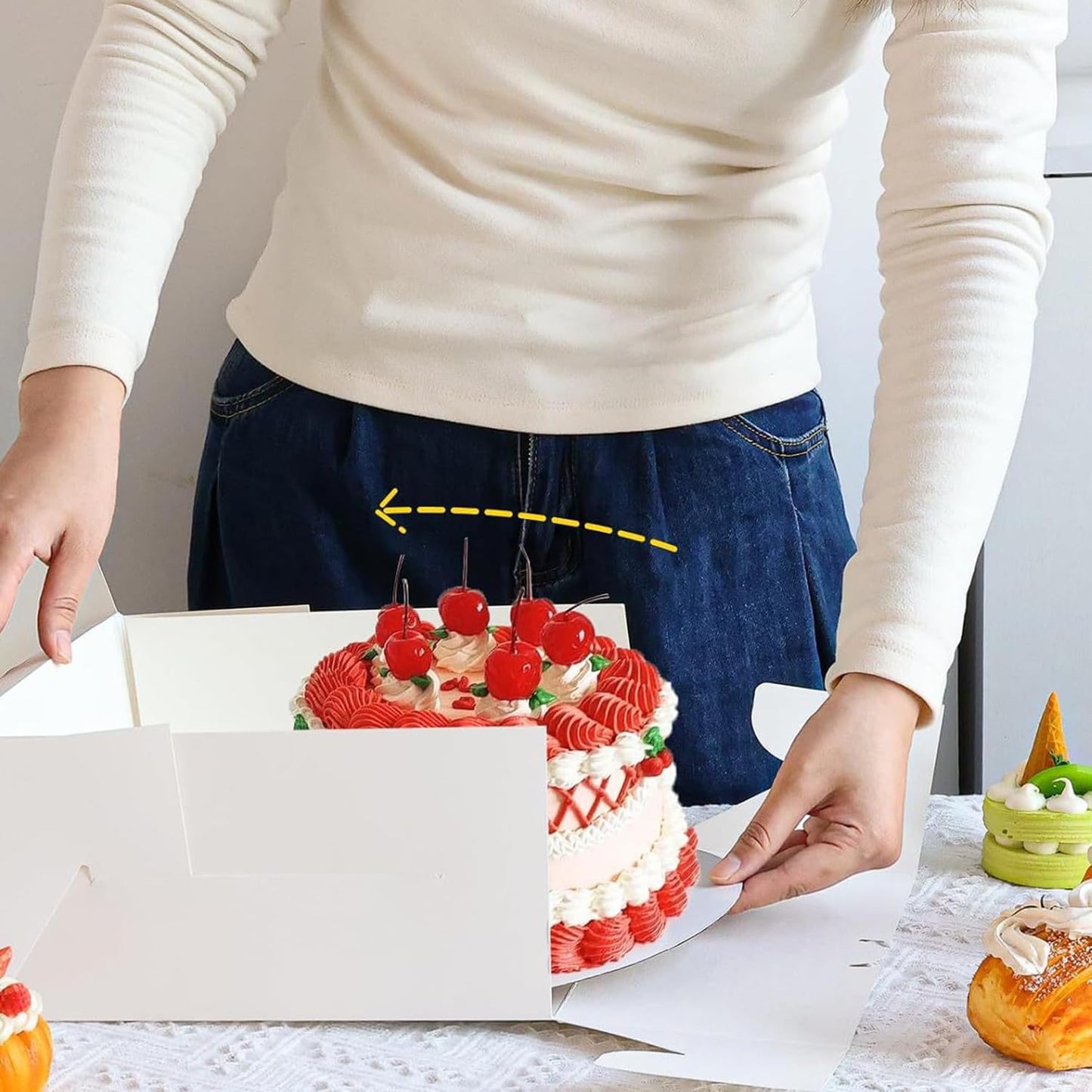 2 Pack Cake Boxes with Ribbons 12x12x12 inch Tall Large White Bakery Square Cake Boxes with Window for Weddings Birthdays Decorating