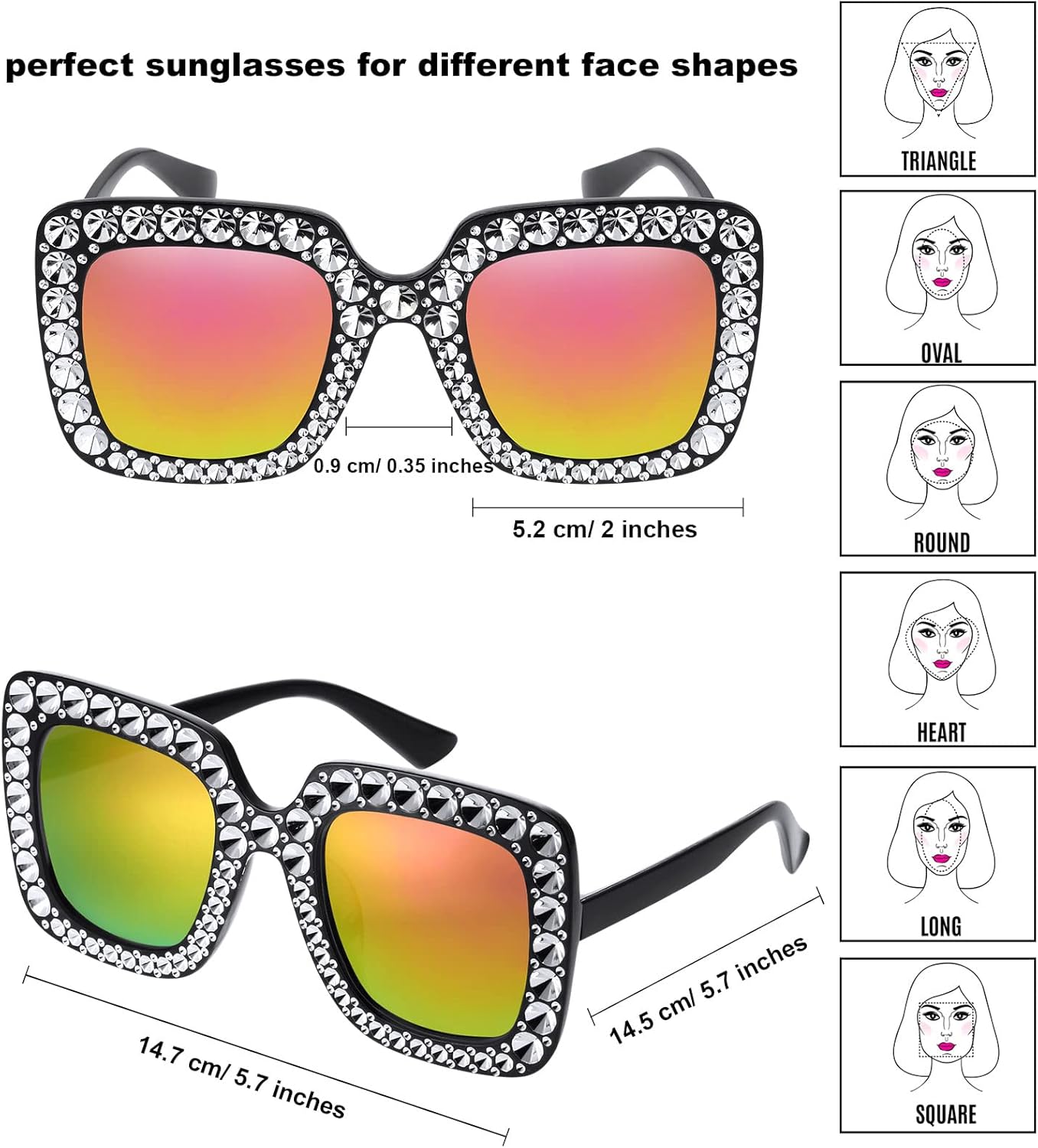 Frienda 6 Pairs Rhinestone Oversized Square Sunglasses 70s Women Dazzled Sunglasses for Disco Party Concert Photo Props