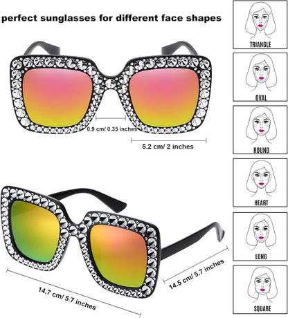 Frienda 6 Pairs Rhinestone Oversized Square Sunglasses 70s Women Dazzled Sunglasses for Disco Party Concert Photo Props