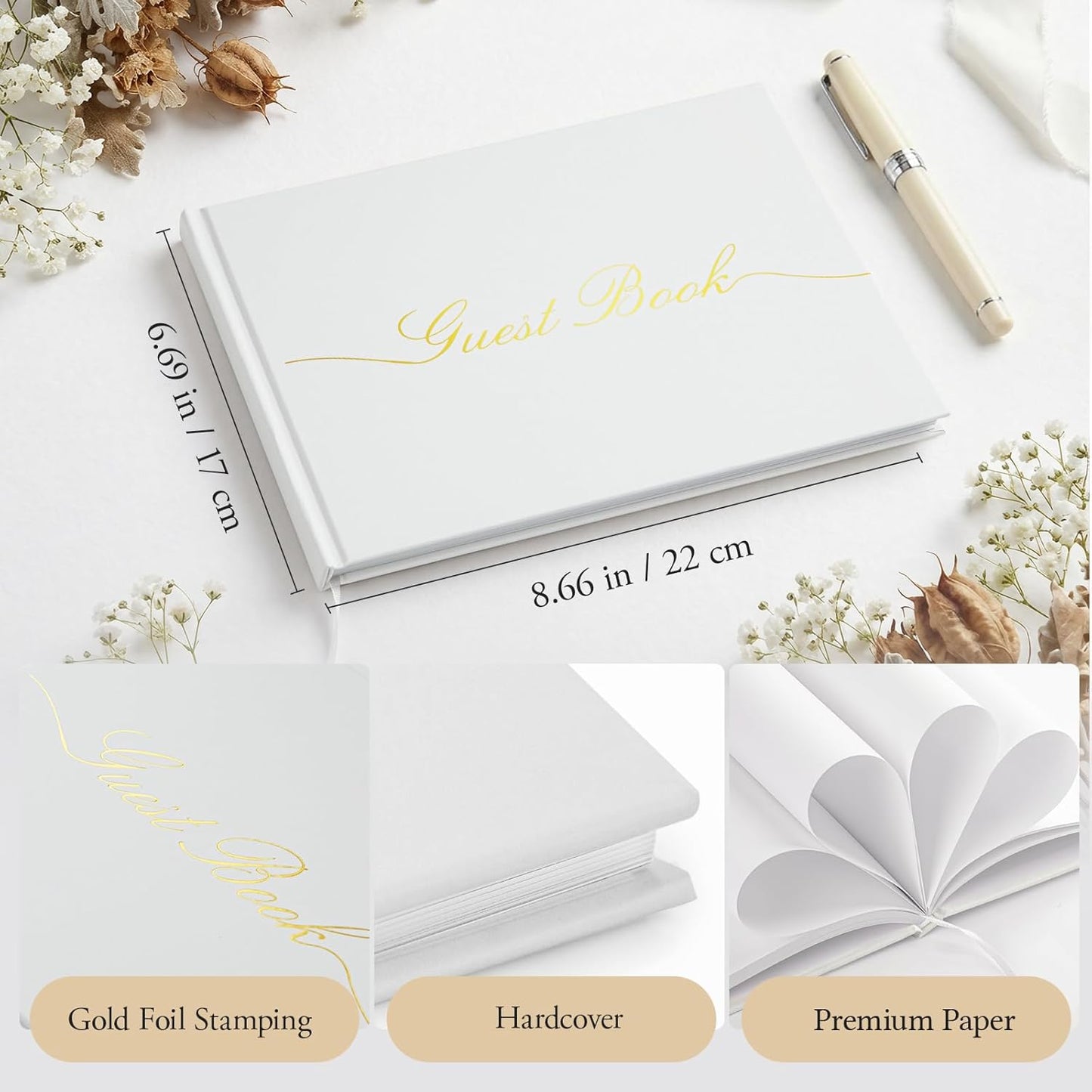 Guest Book for All Occasions – White Hardcover with Gold Foil, 120 Acid-Free Blank Pages, Includes Table Sign & Welcome Card | 8.66x6.69 Sign-in Book for Wedding, Party & Memorial