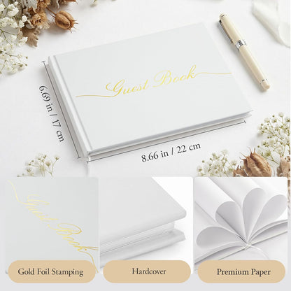 Guest Book for All Occasions – White Hardcover with Gold Foil, 120 Acid-Free Blank Pages, Includes Table Sign & Welcome Card | 8.66x6.69 Sign-in Book for Wedding, Party & Memorial