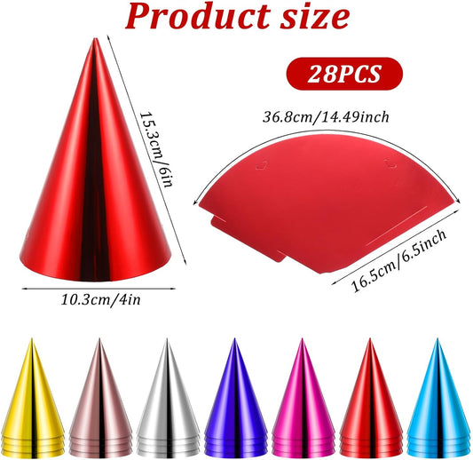 28-Pack Birthday Party Hats for Adults,Colorful Birthday Party Hats,Small Metallic Foil Cone Hat, in 7 Festive Colors, One Size Fits Most Celebration Headwear