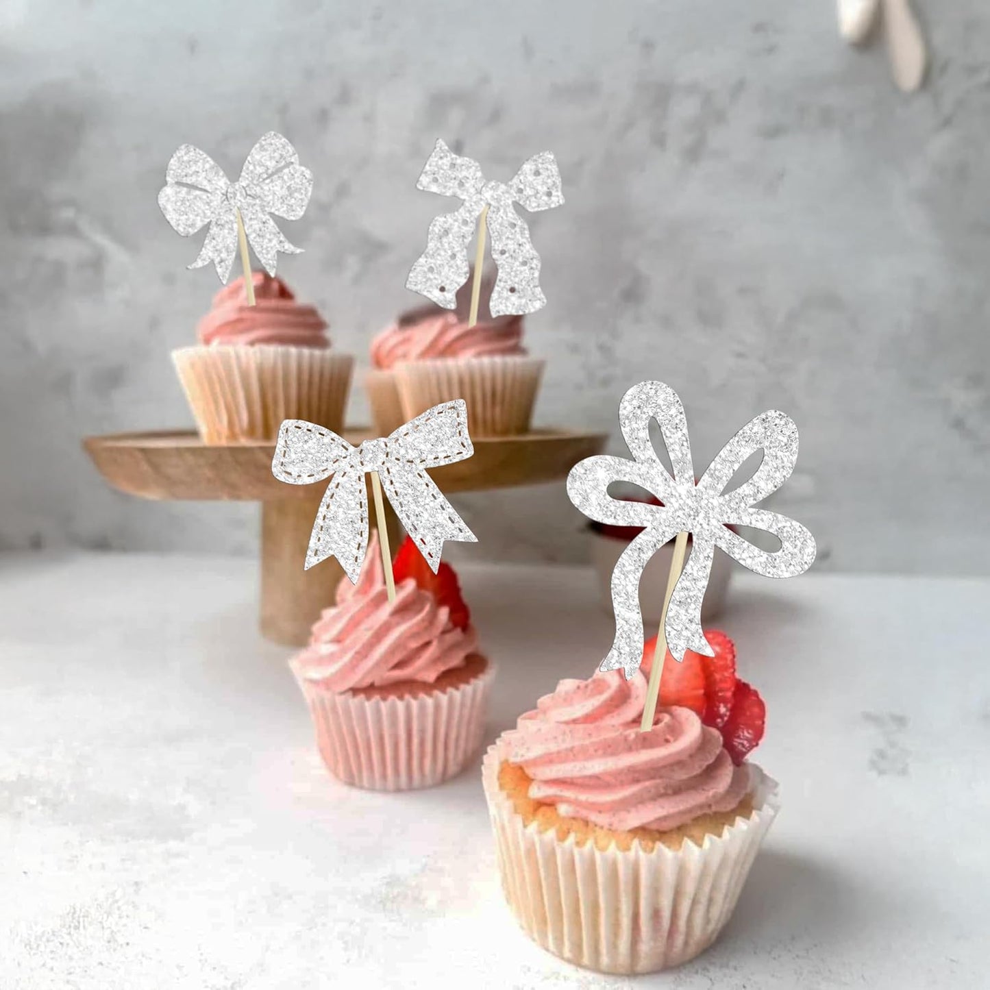 Ephlyn 24Pcs Pink Bow Cupcake Toppers Bow Birthday Cake Topper Girls Birthday Party Decorations Bowknot Cupcake Decorations for Bridal Wedding Themed Party Multi