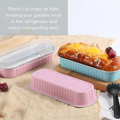 Findful Mini Loaf Baking Pans with Lids and Spoons (50 Pack, 6.8oz) Rectangle Aluminum Foil Baking Pans Tins Containers - Cupcake Containers Wrappers Cheesecake Creme Brulee Ramekins