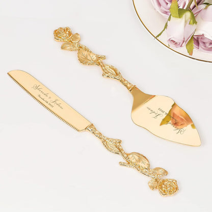 Cake Cutting Set for Wedding, Personalized Gold Cake Knife and Server Set, Custom Cake Serving Set, Engraved Pastry Pie Server Cake Pizza Cutter, Birthday Bridal Gift (F-Classic)