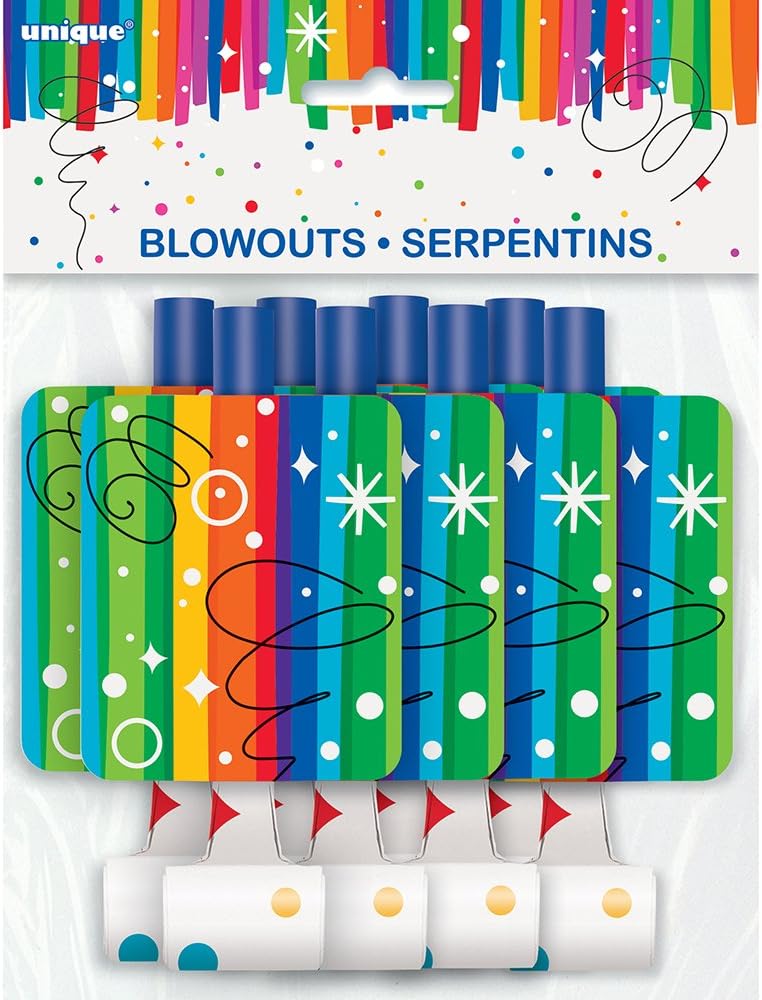 Unique Vibrant Rainbow Ribbons Birthday Blowouts (8 Count) - 5.25" Multicolor Paper Party Horns