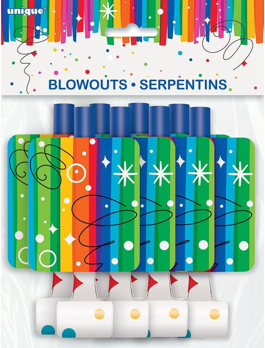 Unique Vibrant Rainbow Ribbons Birthday Blowouts (8 Count) - 5.25" Multicolor Paper Party Horns