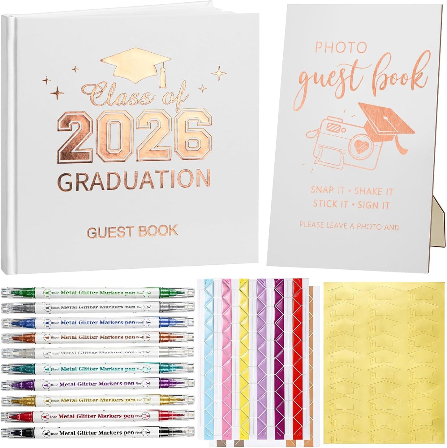 Pajean Graduation Guest Book Set Class of 2026 Memory Scrapbook with Photo Guest Book Sign Dual Tip Pens Photo Corner Stickers Grad Cap Stickers for Grad Party Decorations Supplies Gifts (Black)