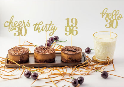 24 PCS Glitter 30th Birthday Cupcake Toppers for Celebrating Thirty Years Old Birthday Party Decorations for 30th Anniversary Party Supplies (Gold)