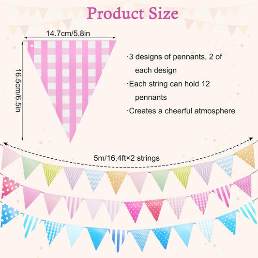 72pcs Colorful Pennant Banner Flags, 98ft Pastel Bunting Pennant Flag for Classroom Decor, Multicolor Triangle Banners for Birthday Party Easter Carnival Decorations (6 Strings)
