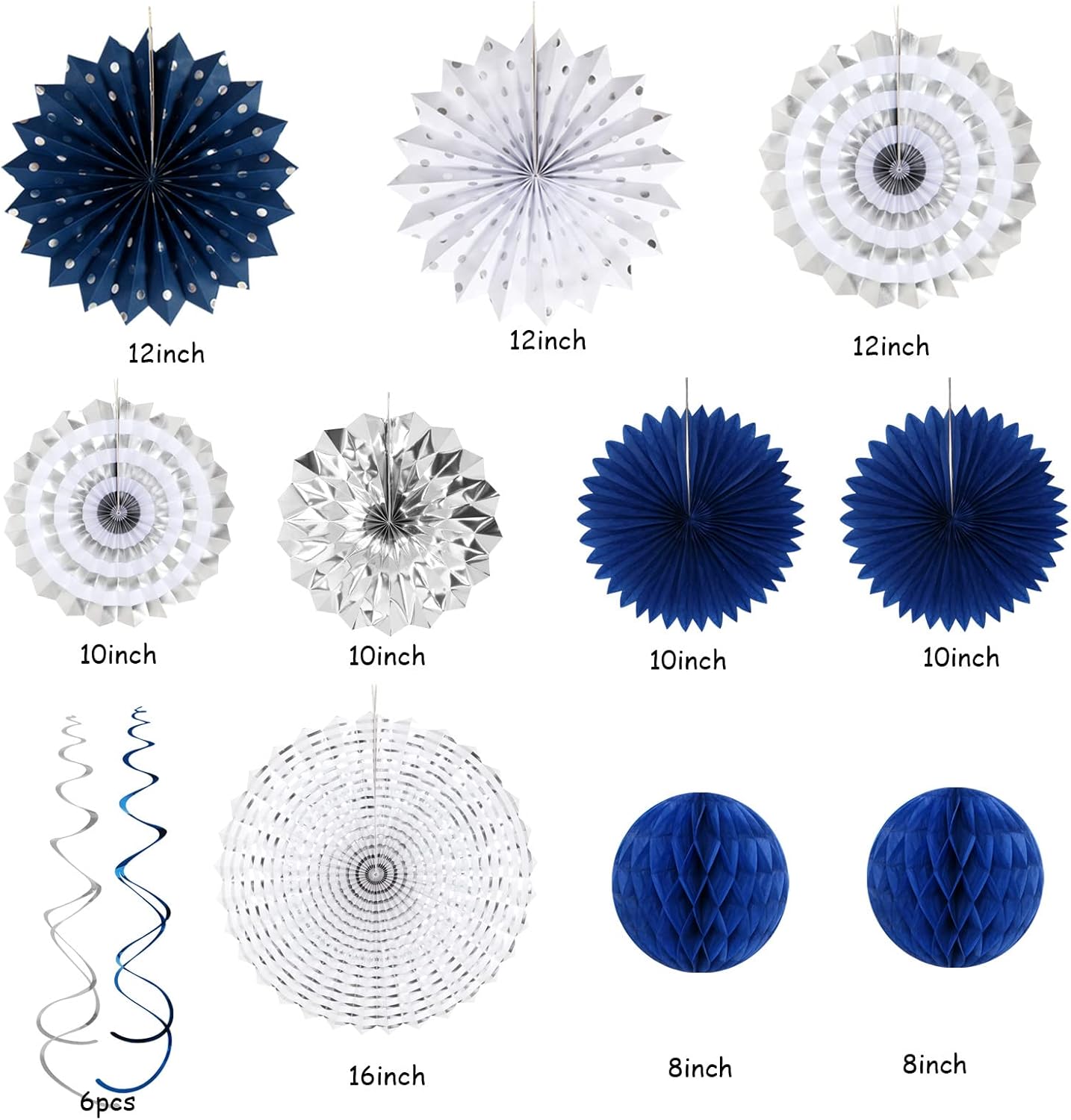 Navy-Blue White Silver Tissue Pom-Poms - 15pcs 5 Size Party Decorations Paper Flowers,Graduation Wedding Baby Bridal Shower Room Hanging Decorations Boy Birthday Party Backdrop Decor Panduola