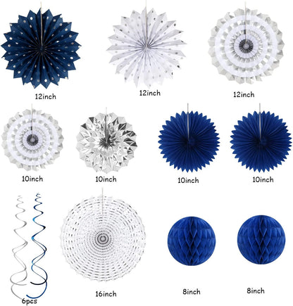 Navy-Blue White Silver Tissue Pom-Poms - 15pcs 5 Size Party Decorations Paper Flowers,Graduation Wedding Baby Bridal Shower Room Hanging Decorations Boy Birthday Party Backdrop Decor Panduola