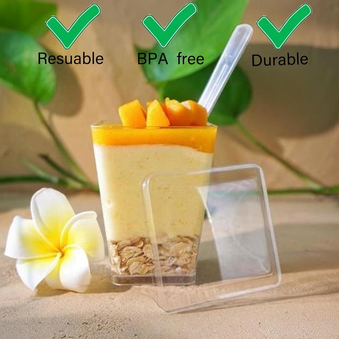 100 Pack Clear Dessert Cups with Lids and Spoons, 5.4oz Mini Dessert Cups Reusable Square Parfait Cup for Party Appertizer, Christmas