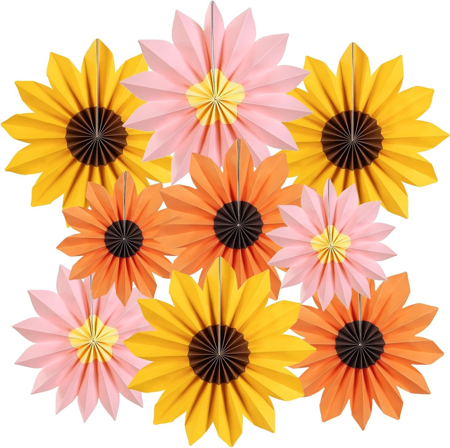 PAPER JAZZ Paper Flowers with Paper Fan Boho Hanging Decor Artificial Flowers Decorations for Wall Pink and Orange Party Decorations for Classroom, Beach Party, Summer Birthday Party Pack of 11.