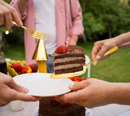 Wedding Cake Knife and Server Set with Forks, Engraved Cake Cutting Set for Wedding Anniversary Christmas Engagement（Gold