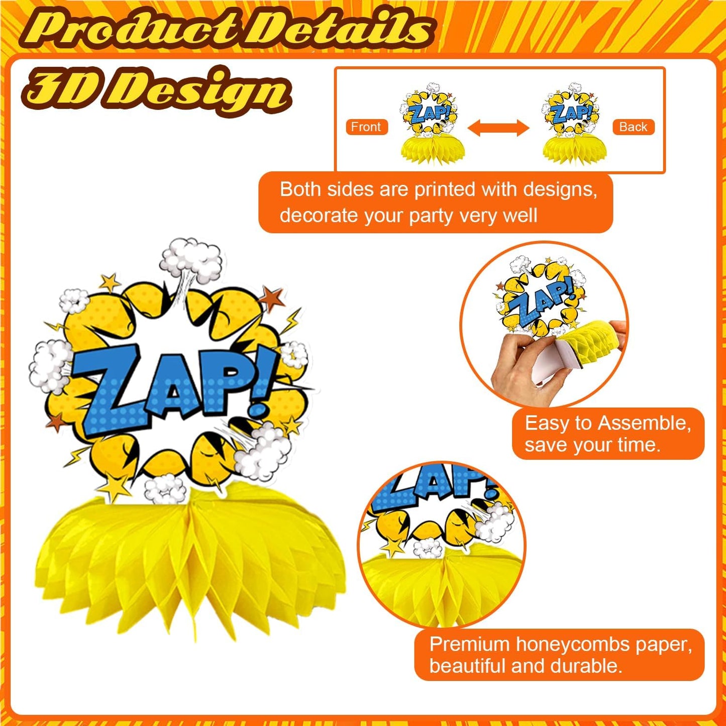 10 Pieces Hero Party Decoration, Hero Honeycomb Centerpieces 3D Table Topper Standing Decorations, Hero-Theme Party Supplies for Birthday Shower Decorations