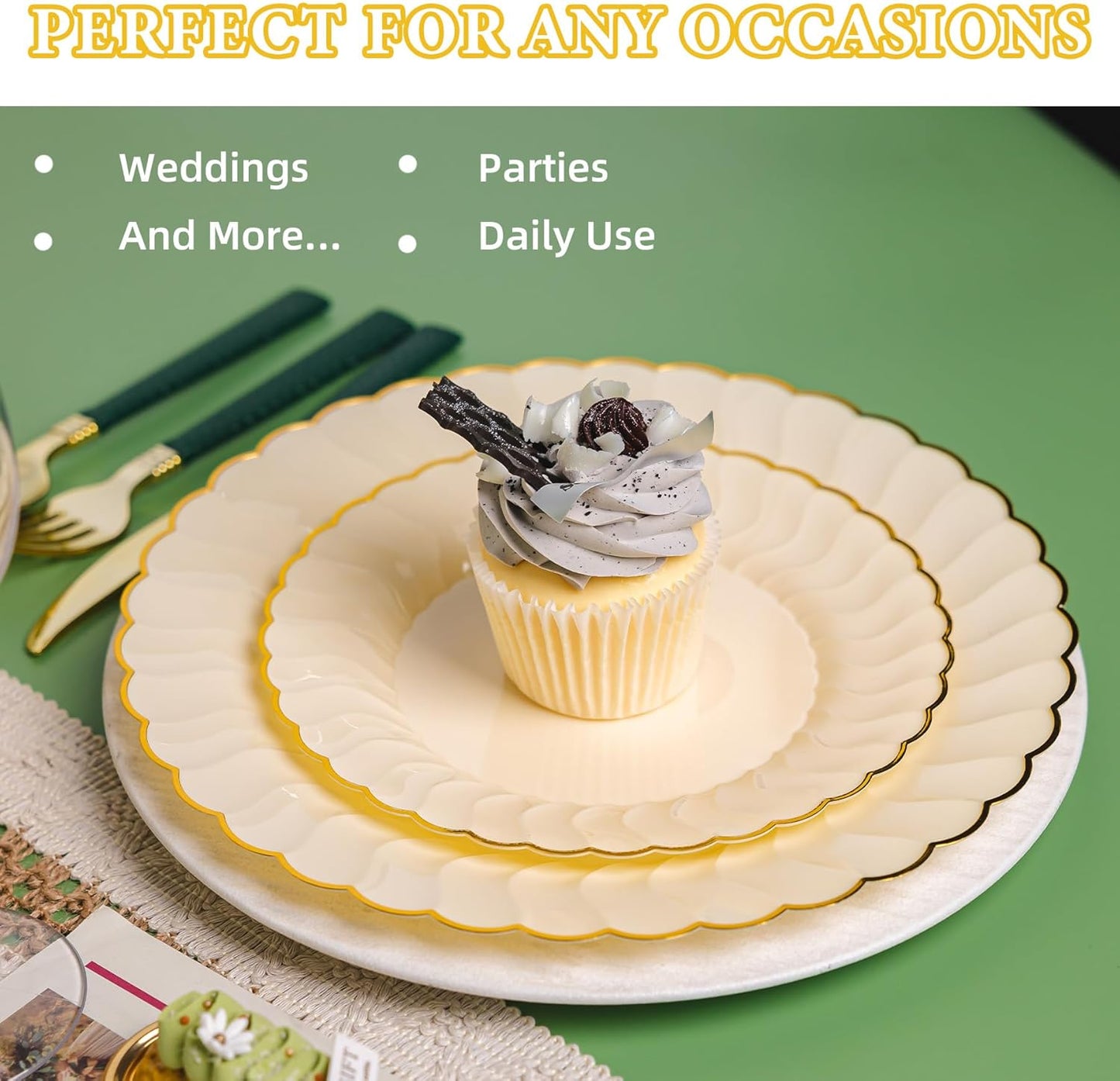 Lullaby 60PCS Ivory Scalloped Plastic Plates with Gold Rim, Disposable Elegant Plates Include 30pcs Dinner Plate 10.25", 30pcs Plastic Dessert Plate 7.5", Perfect for Wedding and Party