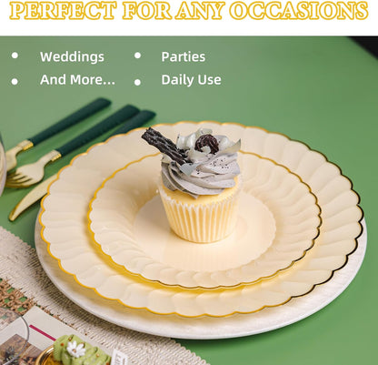Lullaby 60PCS Ivory Scalloped Plastic Plates with Gold Rim, Disposable Elegant Plates Include 30pcs Dinner Plate 10.25", 30pcs Plastic Dessert Plate 7.5", Perfect for Wedding and Party