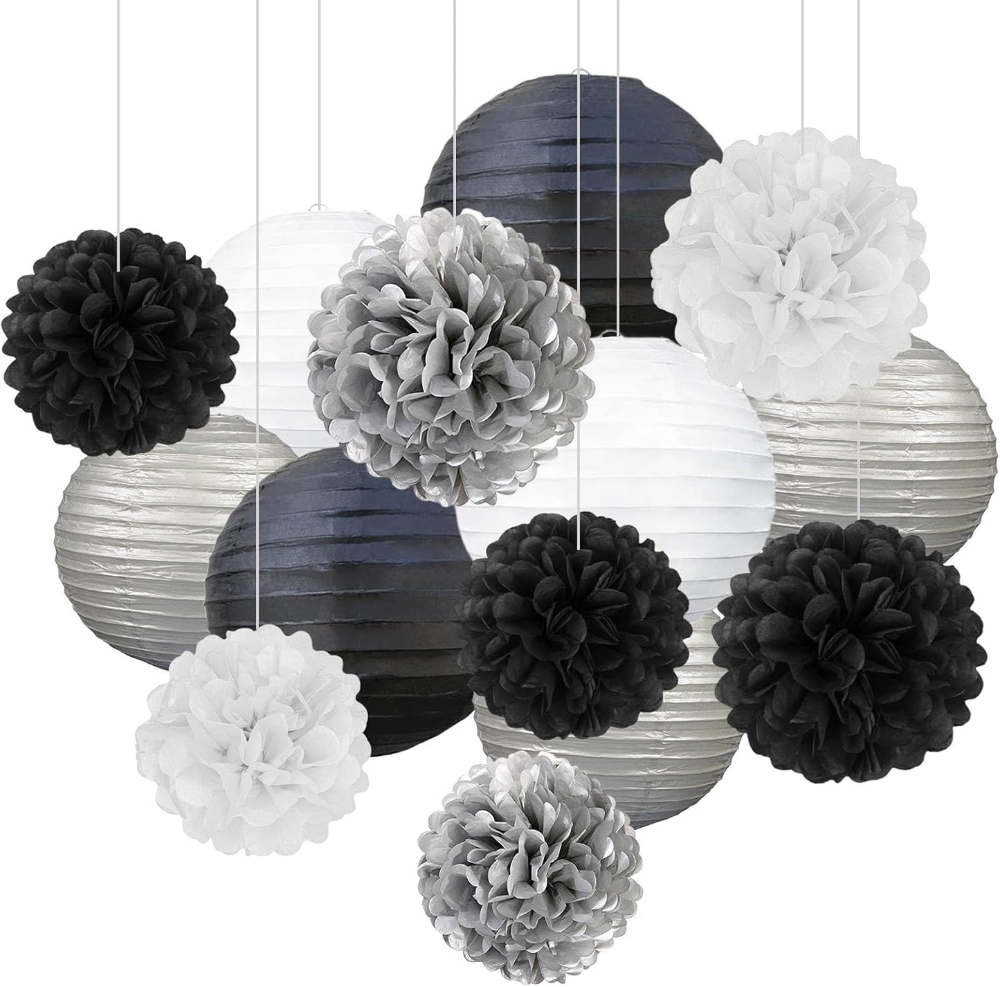18 PCS Tissue Paper Pom Poms, Tissue Pom Poms Flowers, Sizes of 6", 10", 12", 14" Hanging Paper Flower Ball for Wedding, Birthday, Halloween, Christmas, Baby Shower Party Decor (Red Black Gold)