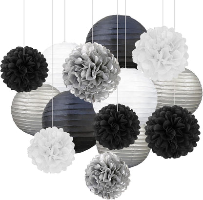 18 PCS Tissue Paper Pom Poms, Tissue Pom Poms Flowers, Sizes of 6", 10", 12", 14" Hanging Paper Flower Ball for Wedding, Birthday, Halloween, Christmas, Baby Shower Party Decor (Red Black Gold)