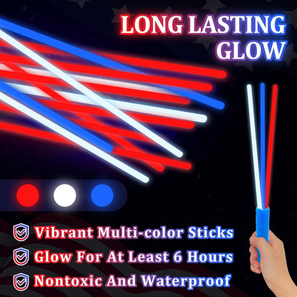 100 Pcs 4th of July Party Favors Glow Sticks with Connectors,Patriotic Glow Stick Red White Blue 3 in 1 Glow Bracelets and Necklaces 4th of July Accessories for Independence Day 250th Anniversary