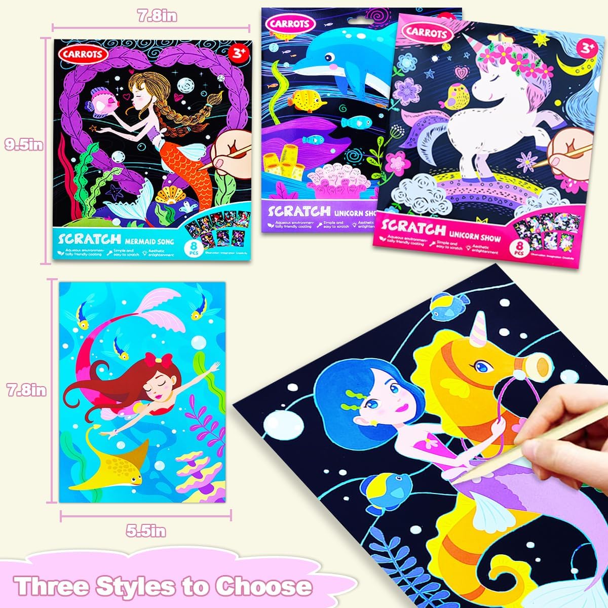 BAOXUE Scratch Art for Kids, Mermaids Black Rainbow Scratch Paper Set-Arts And Crafts & Supplies, DIY Activity & Party Games, Mermaid Toys Gifts for Toddlers, Girls