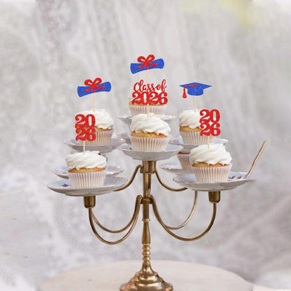 36 PCS 2026 Graduation Theme Cupcake Toppers Glitter Class of 2026 Grad Cap Diploma Cupcake Picks 2026 Graduation Theme Party Cake Decorations Supplies Deep Blue