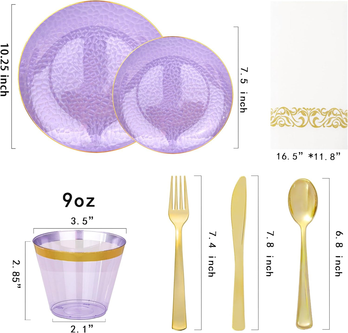 Rubtlamp 350 Pcs Clear Blue Plastic Plates, Blue Gold Plastic Dinnerware Set (50 Guests), Blue Disposable Plates With Gold Rim, Hammered Party Plates Set for Wedding And Party